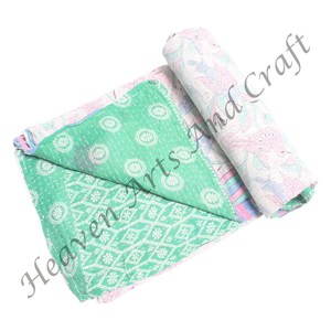 Cotton Block Print Kantha Handmade Reversible Block Print Kantha <b>Quilt</b> Bedspread Bedcover Throw Indian Reversible Hand Stitched - Product Image 2