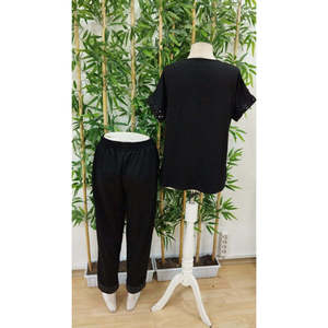 Women's Short-Sleeved V-Neck <b>Sequined</b> Viscose Two-Thread Blouse and <b>Pants</b> Two-Piece Set, 33169 - Black - Product Image 6