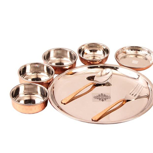 Plat De Service Indien En Cuivre Et Inox - Fabrication Artisanale - Doré Rond - Les Trésors De L'Inde