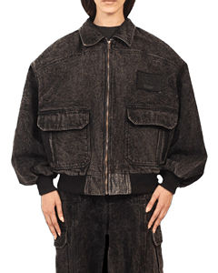 Blouson d'aviateur en denim d'hiver décontracté pour femmes et hommes, délavé à l'acide, avec boutons 100% coton - Product Image 1