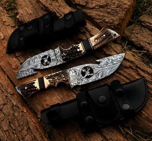 Couteau de chasse à lame fixe de haute qualité Premium Survival Gut hook avec corne naturelle Couteaux à dépecer pour le camping avec étui en cuir - Product Image 3