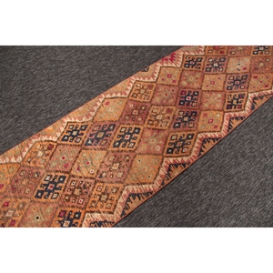 Tapis turc vintage en laine 2,5x10,3 pieds, design patchwork écologique, tapis Herki orange avec envers en latex - Product Image 3