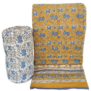 Edredón con estampado de bloques amarillo mostaza de algodón 100%, edredón con estampado Floral étnico hecho a mano de lujo para todas las estaciones, edredones personalizados - Product Image 1