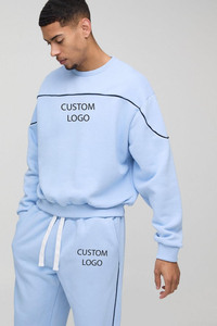 Light Blue Oversized Custom Logo Piping Tracksuit Box Fit Drop Shoulder Cotton Sweatshirt & <b>Jogger</b> set Heavy weight Sweatsuit - Product Image 3