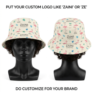 ZAINI ZI-034 220 GSM Chapeau Bob en Polyester Premium Imprimé Intégral Flamant Rose Crème Personnalisable par Sublimation et Broderie Logo Unisexe Été - Product Image 1