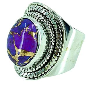 Bague artisanale bohème en argent sterling 925 avec incrustation de turquoise cuivrée violette, plaqué or 18 carats, cadeau idéal pour elle, pierre de naissance de décembre, forme ovale - Product Image 1