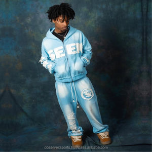 Streetwear d'hiver Survêtement unisexe lourd avec capuche délavée à l'acide Pantalon de survêtement évasé Baggy 100% coton - Product Image 4