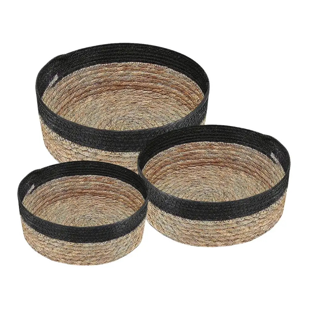 Natural Black Round Seagrass Baskets Set for Organizing: Wicker Storage Basket for Fruits and Bread Serving