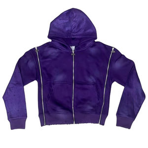 100% coton Extra 4 fermeture à glissière lavage à l'acide broderie en détresse fermeture éclair poids lourd Unsex mode à capuche - Product Image 1