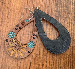 Hand <b>Tooled</b> <b>Leather</b> Teardrop Earrings Hand Painted <b>Leather</b> Turquoise Earrings Western Women Handmade Brown Real <b>Leather</b> Jewelry - Product Image 5