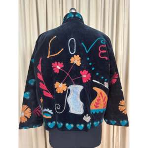Boho Chic Retro Chic Free Size XL <b>Jacket</b> Hand Embroidered Black Floral Velvet Suzani Open Front Winter Coat and Robe - Product Image 2