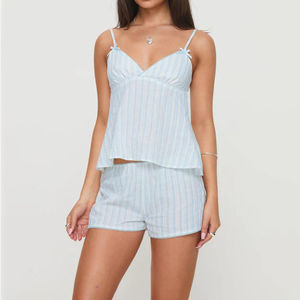 Women's 100% Cotton Solid Elegant <b>Cami</b> <b>Top</b> <b>Lace</b> Shorts Pajama Set V-Neck Bow Elastic Waist Breathable Romantic Sleepwear Spring - Product Image 1