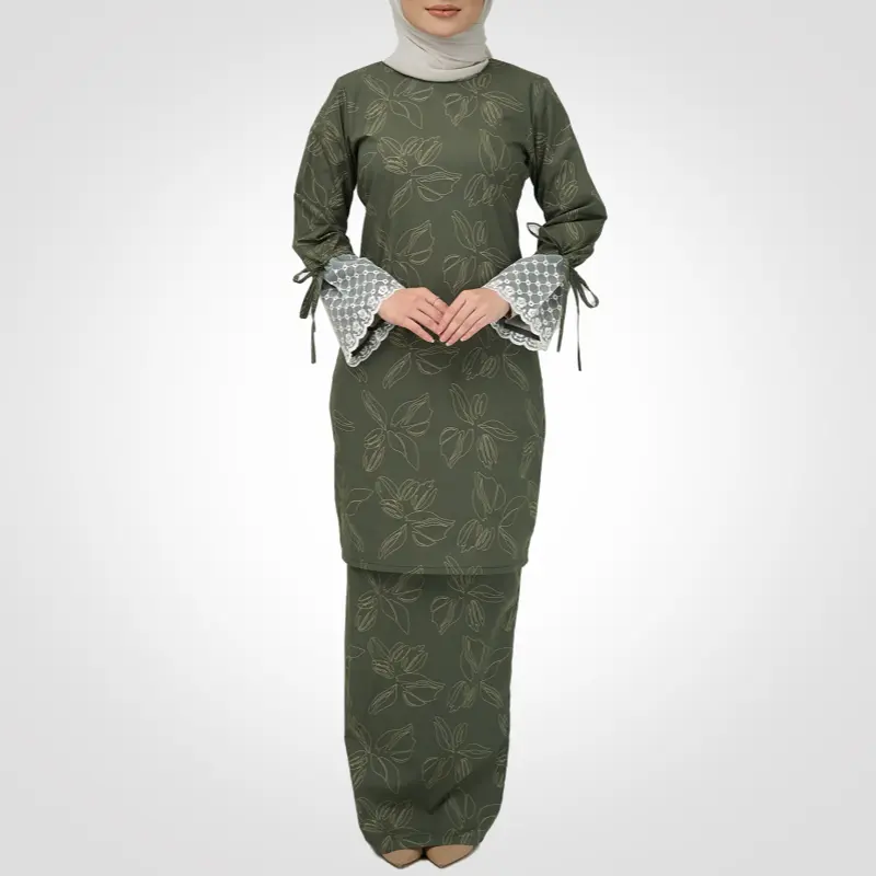 मलेशिया से एसआईपीओ ओईएम ओडीएम आधुनिक मुस्लिम ड्रेस लेस और बाजू कुरुंग जिसमें हाथ से बनाई गई और फूलों की छपाई की सुविधा है