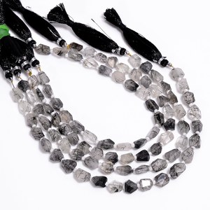 Cuentas de piedras preciosas con forma de pepita facetada de rutilo negro Natural, cuentas perforadas en el centro de piedra de Color negro de 6x8mm para la fabricación de joyas a granel - Product Image 1