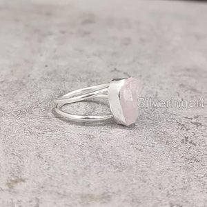 Bague pour femme en argent sterling 925, pierre précieuse en quartz rose naturel, pierre de naissance d'avril, double bande, bijoux faits à la main pour Noël - Product Image 2