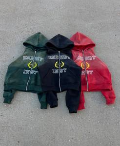 Fait sur mesure moitié soleil fané Vintage lavé à l'acide Baggy 100% coton poids lourd Street Wear imprimé recadrée fermeture éclair à capuche pour hommes - Product Image 1