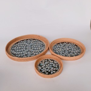 Plateau de rangement rond en rotin tissé à la main, personnalisé avec des mosaïques, bon prix, artisanat indien naturel, ZONE EXPORT CZE00143 - Product Image 3