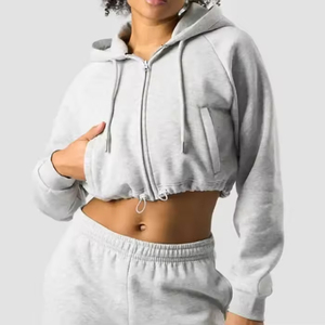 Vêtements de sport pour femmes, hauts courts à manches courtes en coton ajustables à la taille, col montant, vêtements de sport amples, sweat-shirt à capuche - Product Image 1