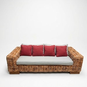 Natural Chunky Rattan Woven Outdoor 3 Seater Sofa Grey Cushion <b>Red</b> <b>Throw</b> Pillows Patio Daybed Decor Pure Room Art Design - Product Image 1