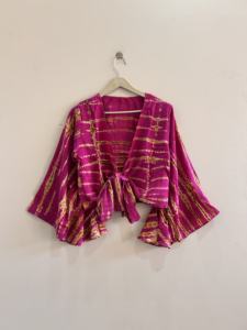 Top de Seda Crepé con Estampado Tie-Dye y Manga Campana con Cuello en V para Mujer, Estilo Hippie Retro, Ropa de Playa, Atuendo Vacacional - Product Image 1