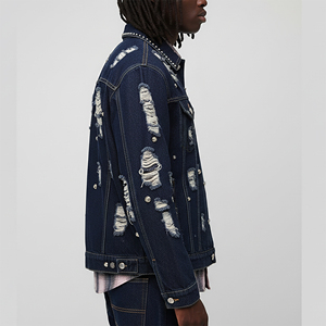 OEM/ODM High Quality Streetwear Rippede <b>Off</b> <b>Turn</b> Down Collar Denim Jacket Custom Embriordred Logo Heavyweight Men's Jacket - Product Image 3