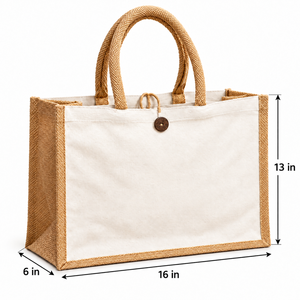 กระเป๋าผ้าใบปอกระเจาเคลือบธรรมชาติขนาด 16x13x6 นิ้ว พร้อมกระดุมปิด  สำหรับใส่ของขวัญ  พร้อมสกรีนโลโก้ตามสั่ง - Product Image 1