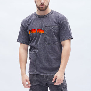 Camiseta lavada con ácido Vintage con logotipo personalizado para hombre, Camiseta extragrande en blanco con bolsillo frontal desgastado, camisetas de algodón 100% para hombre - Product Image 1