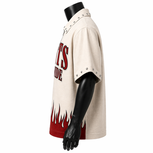 Custom Men’s Oversized Zipper <b>Shirt</b> Short Sleeve Boxy Fit Streetwear Studded Collar <b>Flame</b> Graphic <b>Shirt</b> OEM Wholesale - Product Image 4