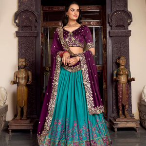 Estilo tradicional hermosa tela de seda damas de honor Lehenga Choli Zari tejido borde trabajo boda desgaste elegante indio paquistaní - Product Image 1