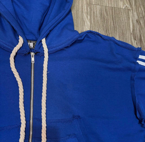 Azul desgastado doble bolsillo pantalla impresa de gran tamaño cremallera Unisex Sudadera con capucha de peso pesado Zip Up Hoodie - Product Image 4