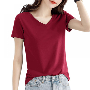 Camisetas de Mujer Personalizadas de Color Sólido, Camisetas Lisas de Primera Calidad, Camisetas de Manga Corta con Cuello en V, Camisetas con Cuello en V Lavadas al Ácido - Product Image 1