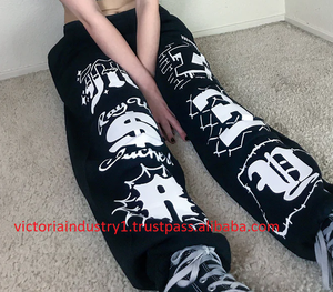 Personalizado señoras pantalones holgados Logo apliques francés Terry Streetwear Casual recto pierna ancha Puff impreso holgado apilado no tejido - Product Image 2