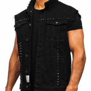 Respirant en gros hommes tendance Denim vestes 100% Denim gilet sans manches personnalisé pierres OEM - Product Image 6