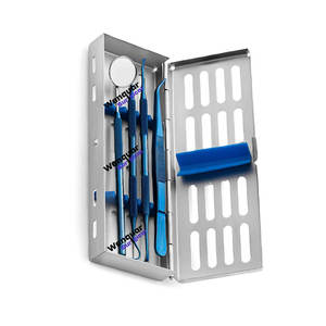 ชุดเครื่องมือทำความสะอาดฟันแบบมืออาชีพ 4 ชิ้น สีฟ้าออกไซด์ ทำจากสแตนเลส ประกอบด้วย ที่คีบ กระจก ที่ขูดหินปูน และอุปกรณ์ทำความสะอาดฟัน - Product Image 1