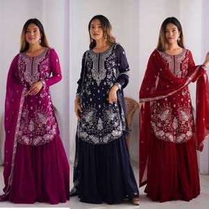 Belle traditionnelle indienne pakistanaise fausse Georgette Kurti Shalwar Kameez ensemble moderne élégant vêtements prêt à porter nouveau vente en gros - Product Image 2