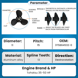 Hélices de <span class=keywords><strong>moteur</strong></span> hors-bord 13 dents 11x15 en alliage d'aluminium pour moteurs Tohatsu Marine 35HP 40 HP 50 HP 3T5B64532-0 - Product Image 2