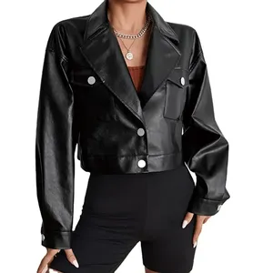Abrigo de cuero PU de moda para mujer con Bolsillos de solapa grandes Chaqueta corta con relleno de algodón Característica transpirable - Product Image 1
