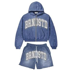 Vintage Winter Streetwear Hoodie Set Distressed Washed Heavyweight Solid Hooded Cotton with Rhinestone & Screen-Printed Design - Product Image 3
