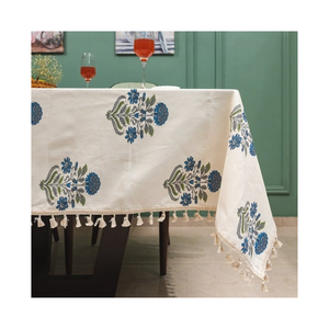 <b>Blue</b> Handmade Eco Dyed Cotton Embroidered <b>Table</b> <b>Cloth</b> OEKO TEX Certified 280GSM Soft Wash Finish Ideal For New Year Dining <b>Table</b> - Product Image 5