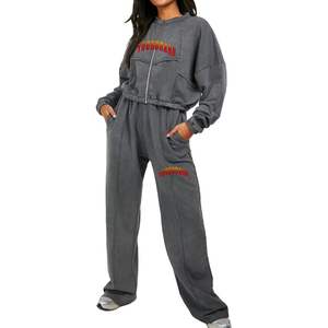 OEM/ODM Women Loose Fit 100% Cotton <b>Zip</b> <b>Up</b> Acid Wash Tracksuit Custom Logo Vintage Washed Streetwear Sweat Suits - Product Image 1