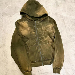 Logo personnalisé thermique de haute qualité 400gsm poids lourd 100% coton surdimensionné soleil délavé lavage à l'acide fermeture éclair rivet strass à capuche - Product Image 3