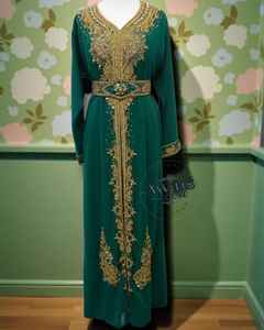 Islamic Women's <b>Plus</b> <b>Size</b> Lightweight High Neck Solid Floor Length Long Sleeve Ethnic Caftan Abaya Handmade Beaded Detail Velvet - Product Image 1