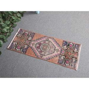 Tapis de 1,1 x 2,9 pieds, tapis turc vintage, tapis en laine rayé marron et bleu - Product Image 1