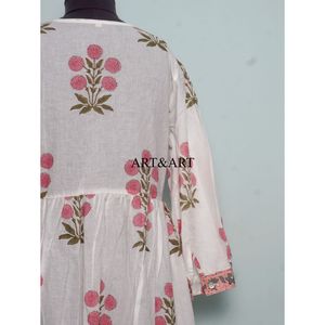 Robe trapèze vintage bohème pour femme, longueur genou, tricotée 100 % coton, manches trois-quarts, imprimé floral, faite à la main, pour les vacances, naturelle - Product Image 6