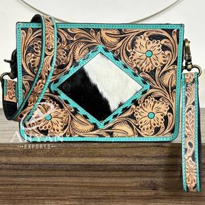 Hand-Tooled Genuine Leather Western Style Small <b>Crossbody</b> Shoulder <b>Bag</b> for Women Luxury Natural Cowhide Square Wristlet Handbags - Product Image 1
