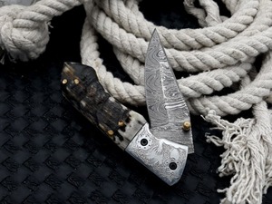 Cuchillo plegable de hoja de acero de Damasco, diseño láser hecho a mano con mango de cuerno y Funda de cuero personalizable para EDC y caza - Product Image 4