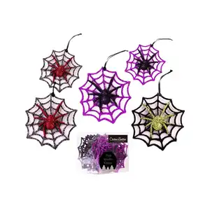 OEM ODM 12 Pcs 4 Inch 3D Glittered Halloween Spider Ornaments On Web For Door/Window/Wall Party Decorations 3 Colors Asst