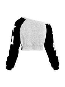เสื้อสเวตเตอร์สีดำเทาของผู้หญิงเสื้อครอปสตรีทแวร์ผ้าฟลีซพิมพ์ลายไหล่เสื้อสวมหัวผ้าคอตตอนเนื้อนุ่มสีทูโทนปัก3D - Product Image 2