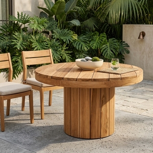 Outdoor Solid Teak Wood Round <b>Bistro</b> Set Fluted Column Pedestal <b>Table</b> Chairs Garden Dining Furniture Setup Art Design Decor - Product Image 2