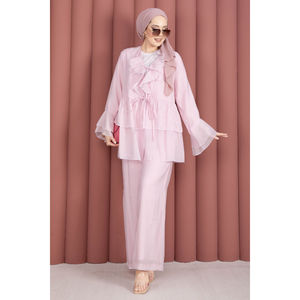 Conjunto de Kimono de Dos Piezas en Crepé Rosa Estilo Bohemio, Talla XS, con Cordones Delanteros y Mangas con Volantes para Primavera/Verano/Otoño - Product Image 4